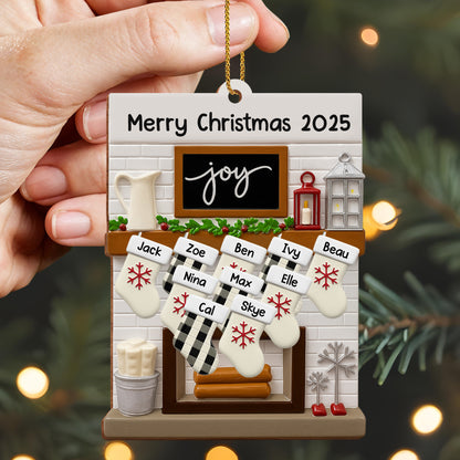 Merry Christmas Joy Stockings and Lantern - Personalized Custom Wood Ornament, Custom Shaped - FAM423_WDO