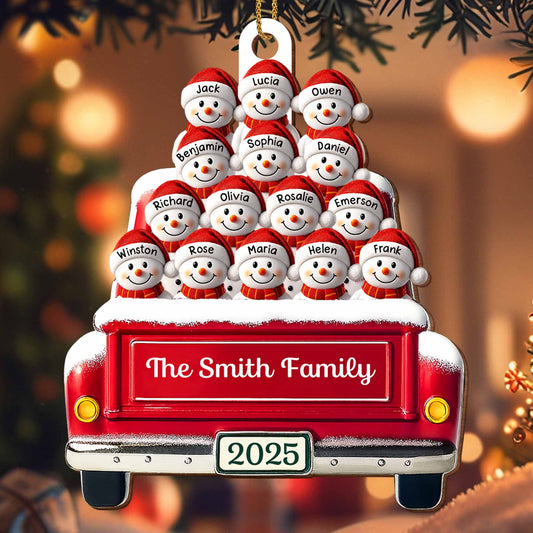 Festive Family Holiday Moments With Decorative Bus And Snowmen - Personalized Custom Wood Ornament, Custom Shaped - FAM447_WDO