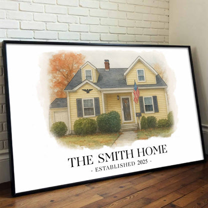 The Smith Home, House With American Flag Art - Personalized Custom Horizontal Poster - FAM449_HPOS
