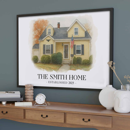 The Smith Home, House With American Flag Art - Personalized Custom Horizontal Poster - FAM449_HPOS