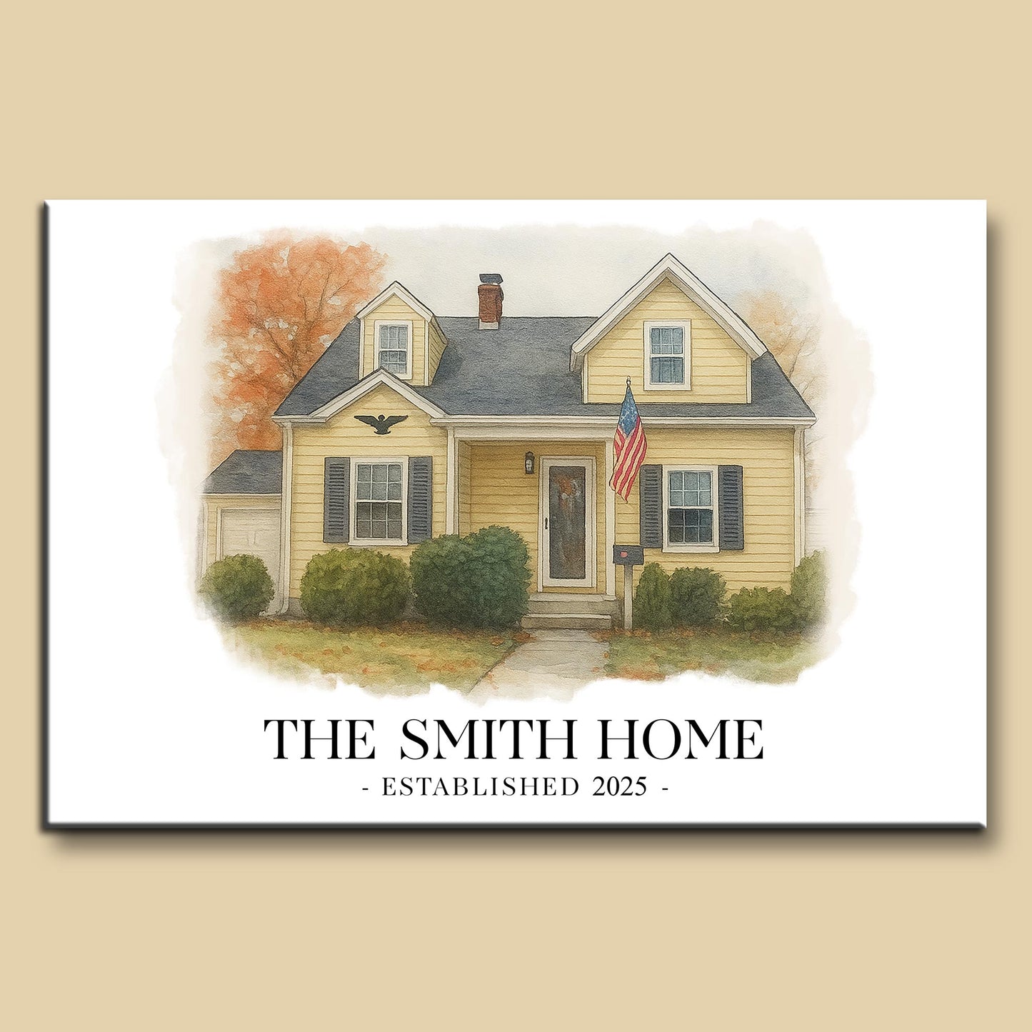 The Smith Home, House With American Flag Art - Personalized Custom Horizontal Poster - FAM449_HPOS