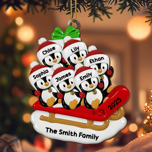 Celebrate Joyful Family Moments With Penguins On A Sleigh - Personalized Custom Wood Ornament, Custom Shaped - FAM453_WDO
