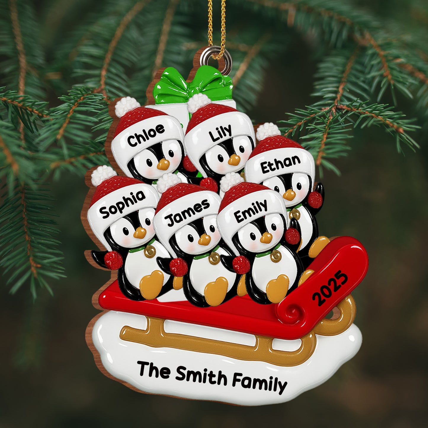 Celebrate Joyful Family Moments With Penguins On A Sleigh - Personalized Custom Wood Ornament, Custom Shaped - FAM453_WDO