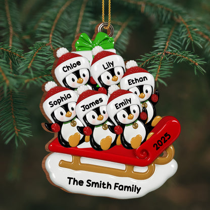 Celebrate Joyful Family Moments With Penguins On A Sleigh - Personalized Custom Wood Ornament, Custom Shaped - FAM453_WDO