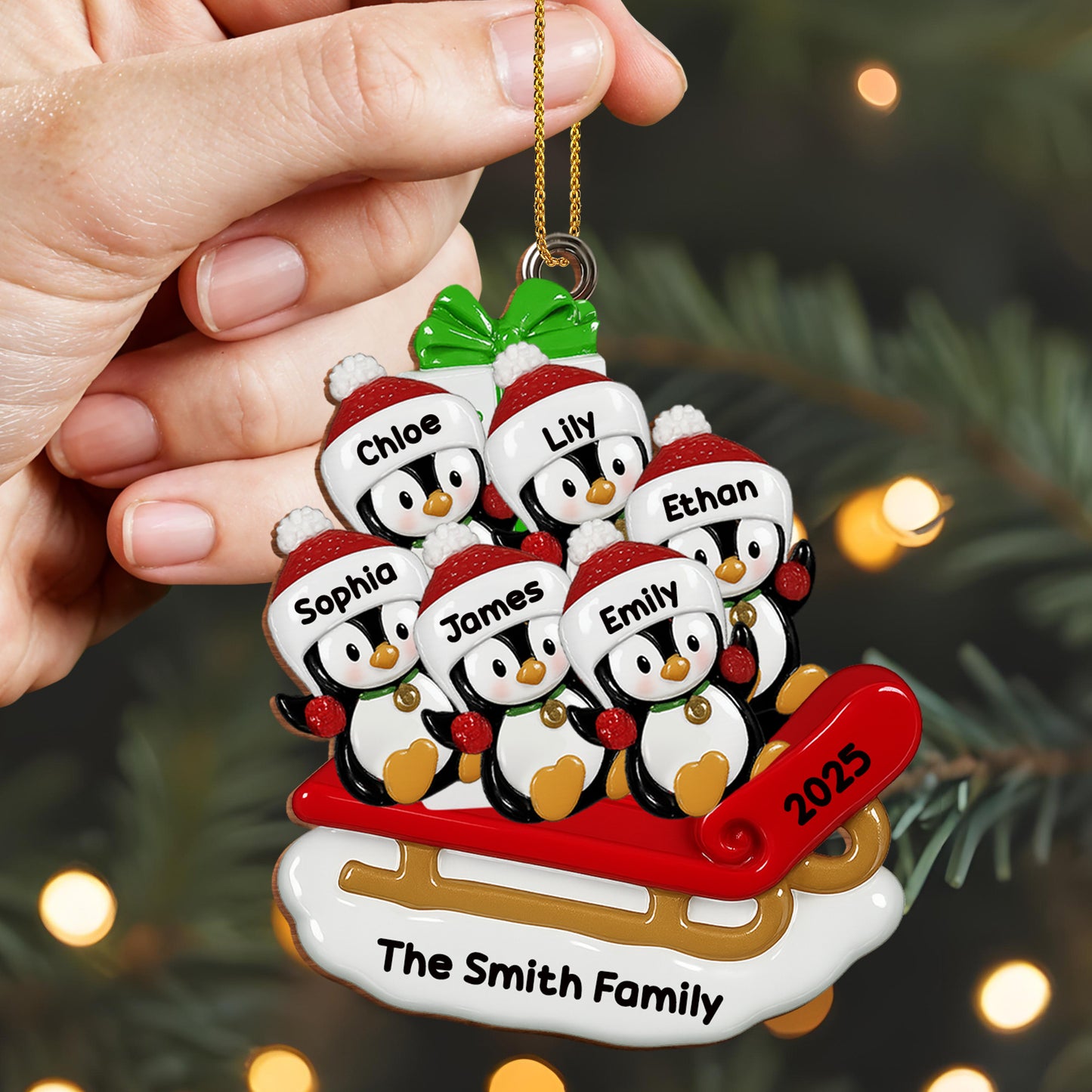 Celebrate Joyful Family Moments With Penguins On A Sleigh - Personalized Custom Wood Ornament, Custom Shaped - FAM453_WDO