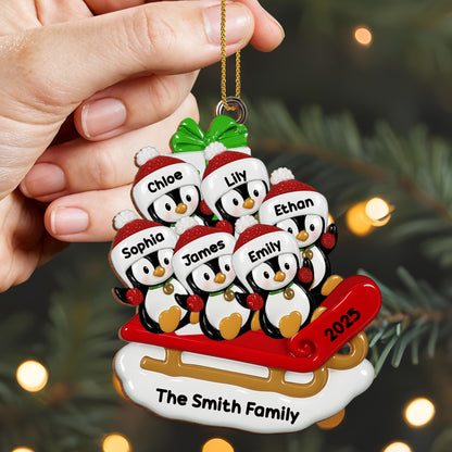 Celebrate Joyful Family Moments With Penguins On A Sleigh - Personalized Custom Wood Ornament, Custom Shaped - FAM453_WDO
