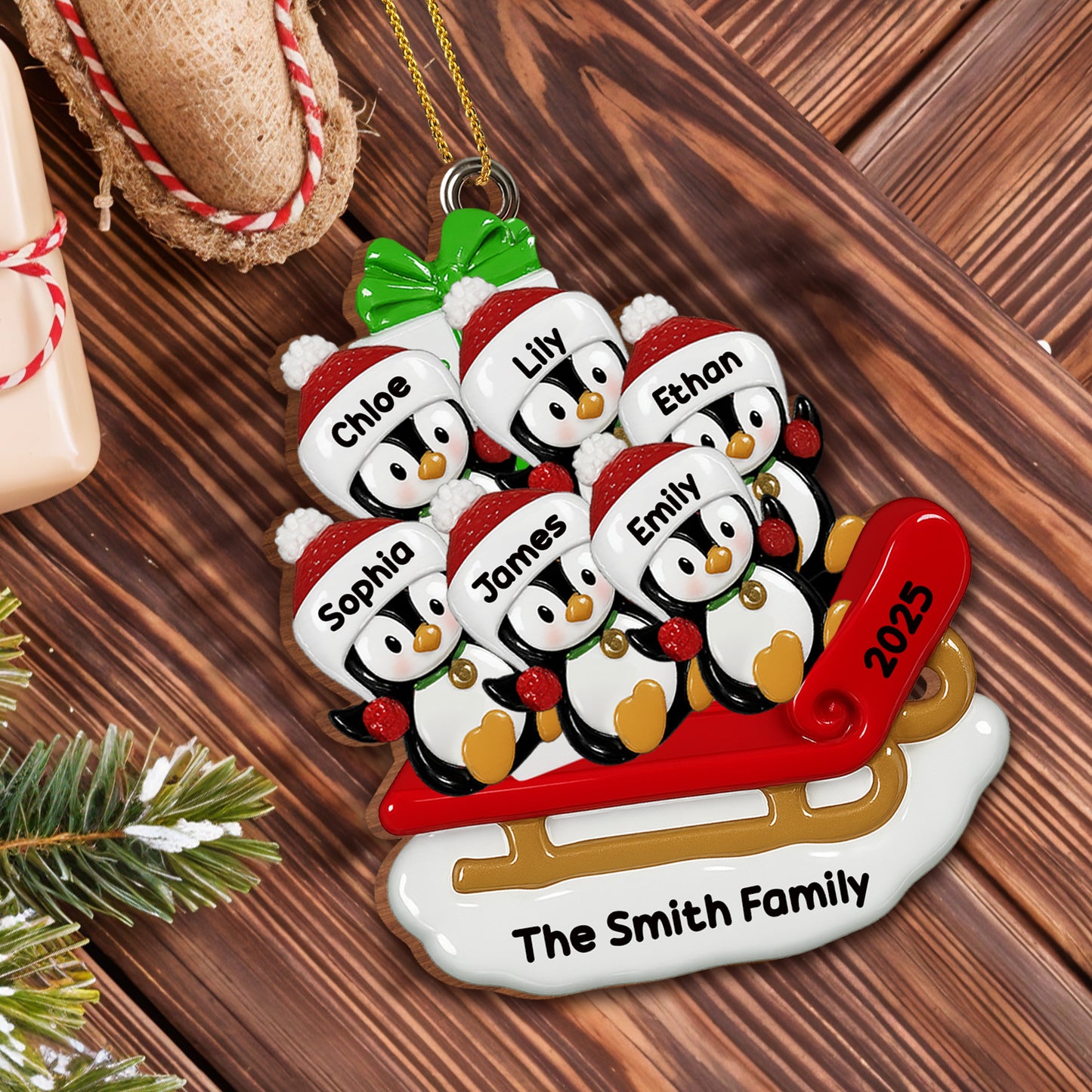 Celebrate Joyful Family Moments With Penguins On A Sleigh - Personalized Custom Wood Ornament, Custom Shaped - FAM453_WDO
