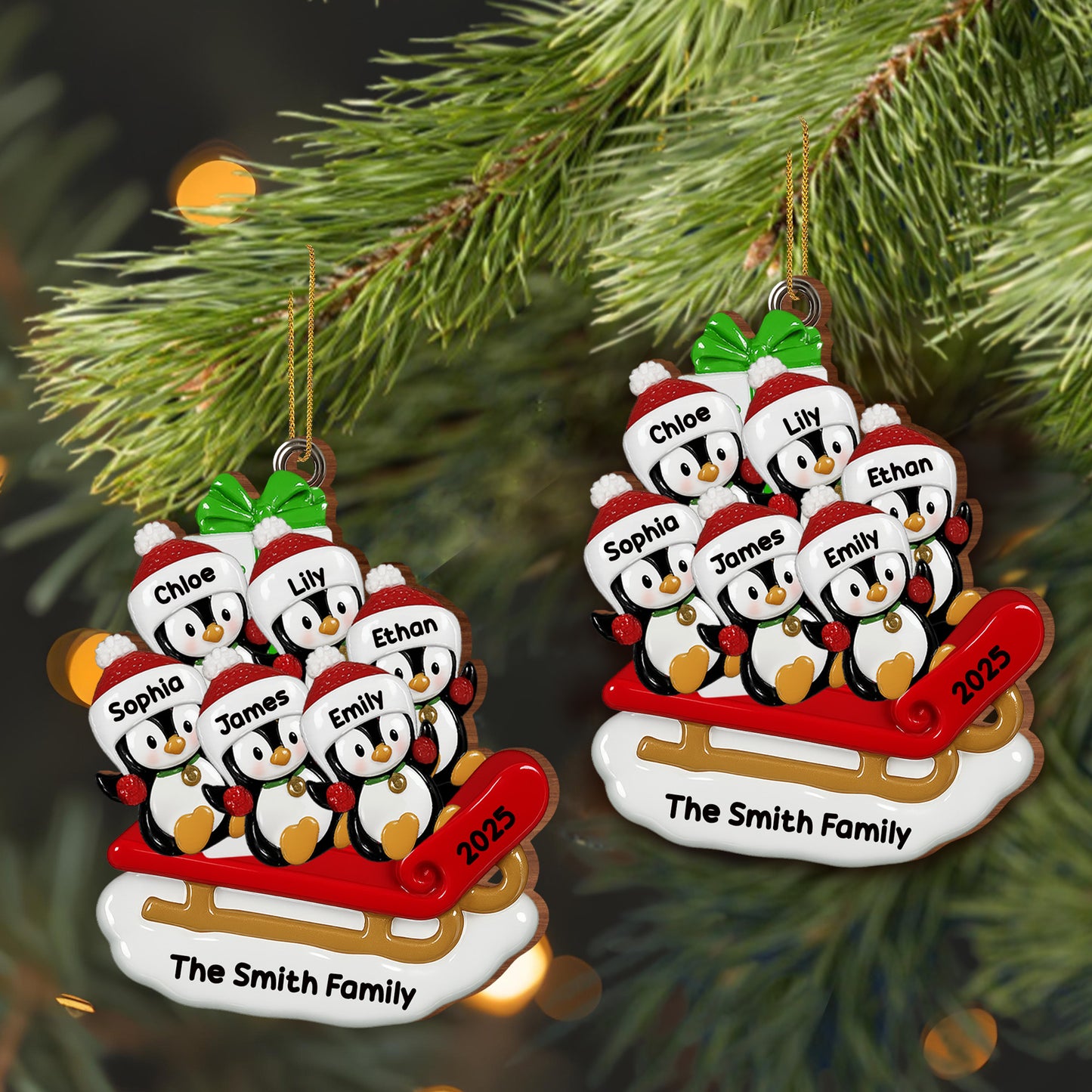 Celebrate Joyful Family Moments With Penguins On A Sleigh - Personalized Custom Wood Ornament, Custom Shaped - FAM453_WDO