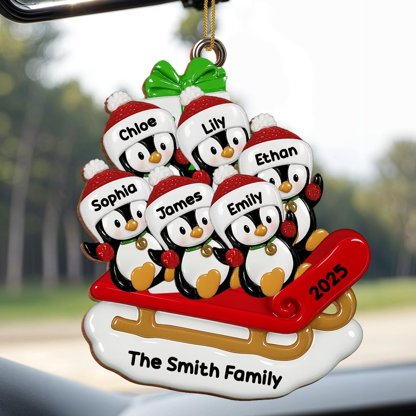 Celebrate Joyful Family Moments With Penguins On A Sleigh - Personalized Custom Wood Ornament, Custom Shaped - FAM453_WDO