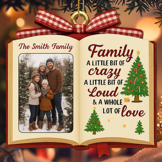 Family A Little Bit Of Crazy, Book & Christmas Tree Design - Personalized Custom Wood Ornament, Custom Shaped - FAM462_WDO
