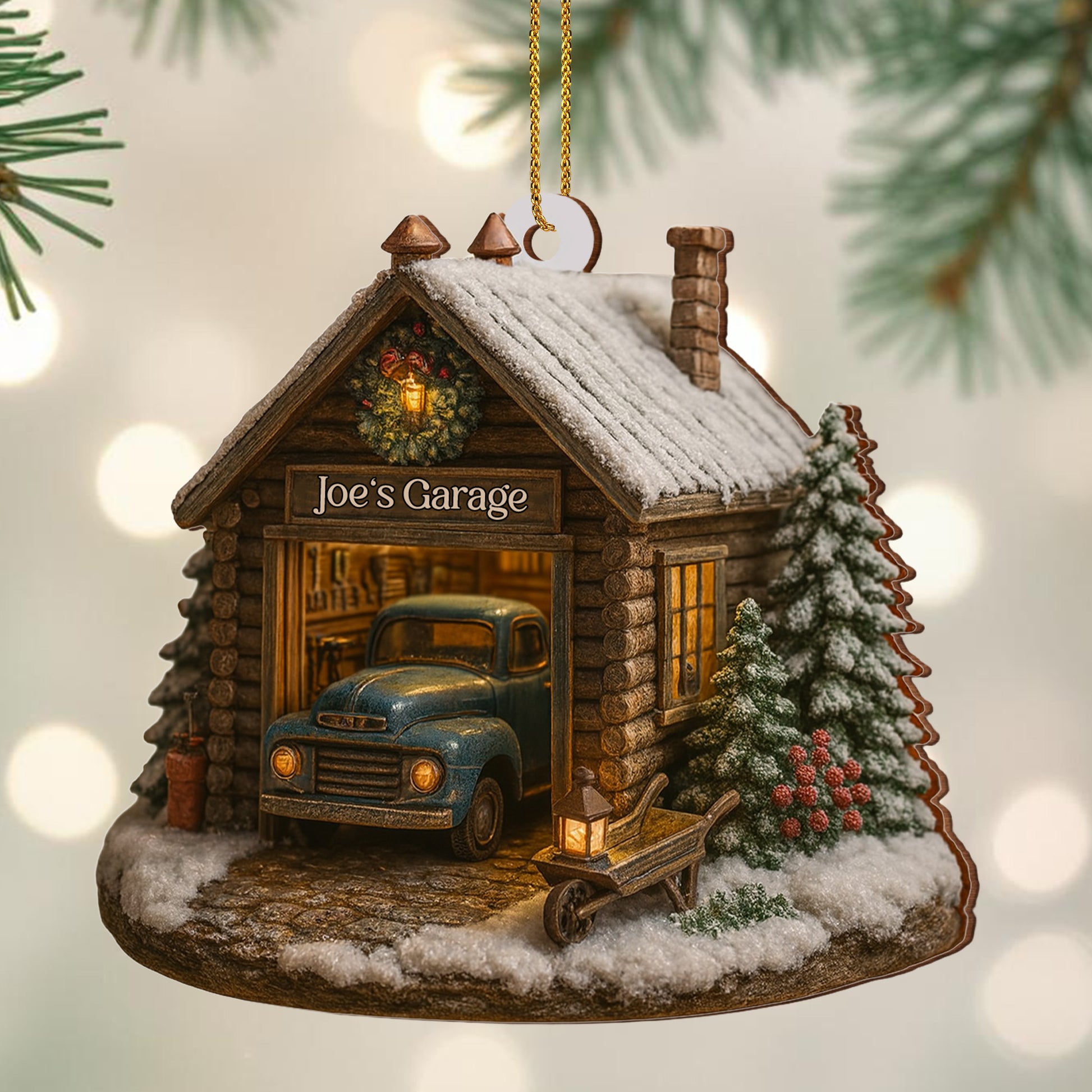 Welcome To Joe's Garage With Vintage Truck And Christmas Trees