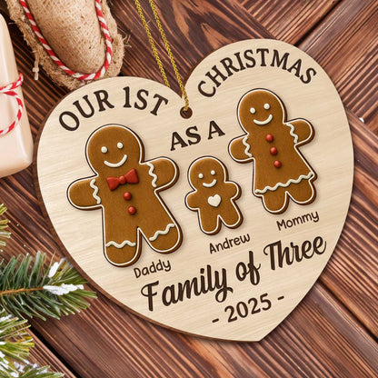 Our First Christmas As A Family Of Three With Gingerbread Figures - Personalized Custom Wood Ornament, Custom Shaped - FAM512_WDO