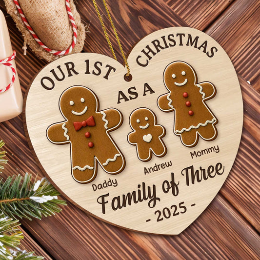 Our First Christmas As A Family Of Three With Gingerbread Figures - Personalized Custom Wood Ornament, Custom Shaped - FAM512_WDO