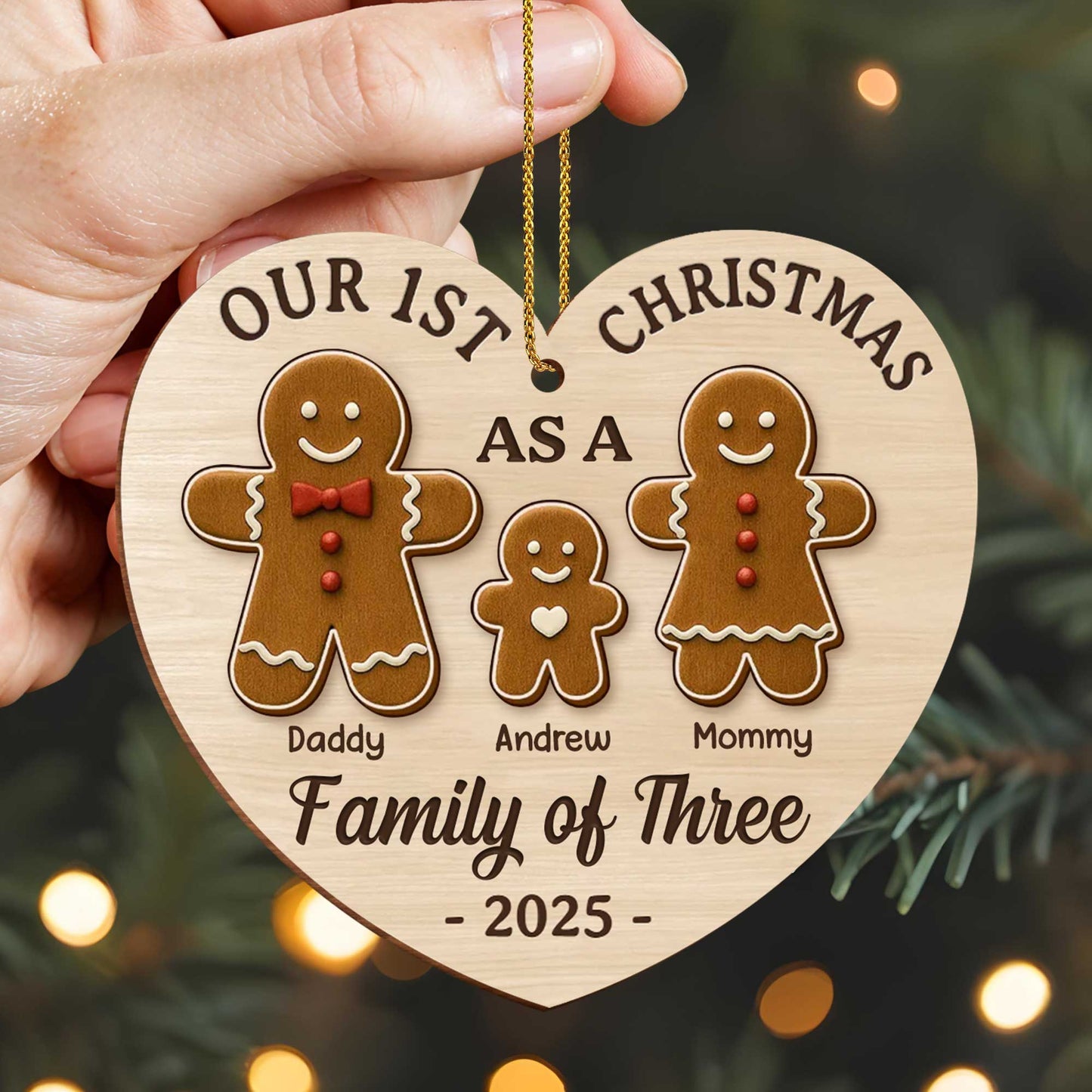 Our First Christmas As A Family Of Three With Gingerbread Figures - Personalized Custom Wood Ornament, Custom Shaped - FAM512_WDO