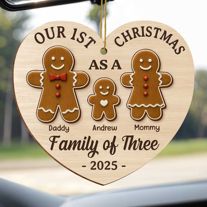 Our First Christmas As A Family Of Three With Gingerbread Figures - Personalized Custom Wood Ornament, Custom Shaped - FAM512_WDO