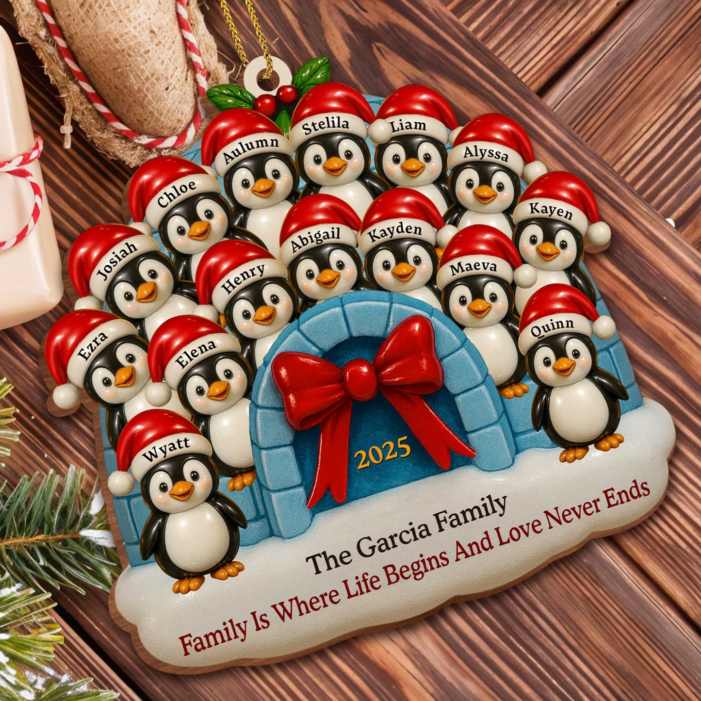 Family Where Life Begins And Love Never Ends Penguin Ornament - Personalized Custom Wood Ornament, Custom Shaped - FAM551_WDO