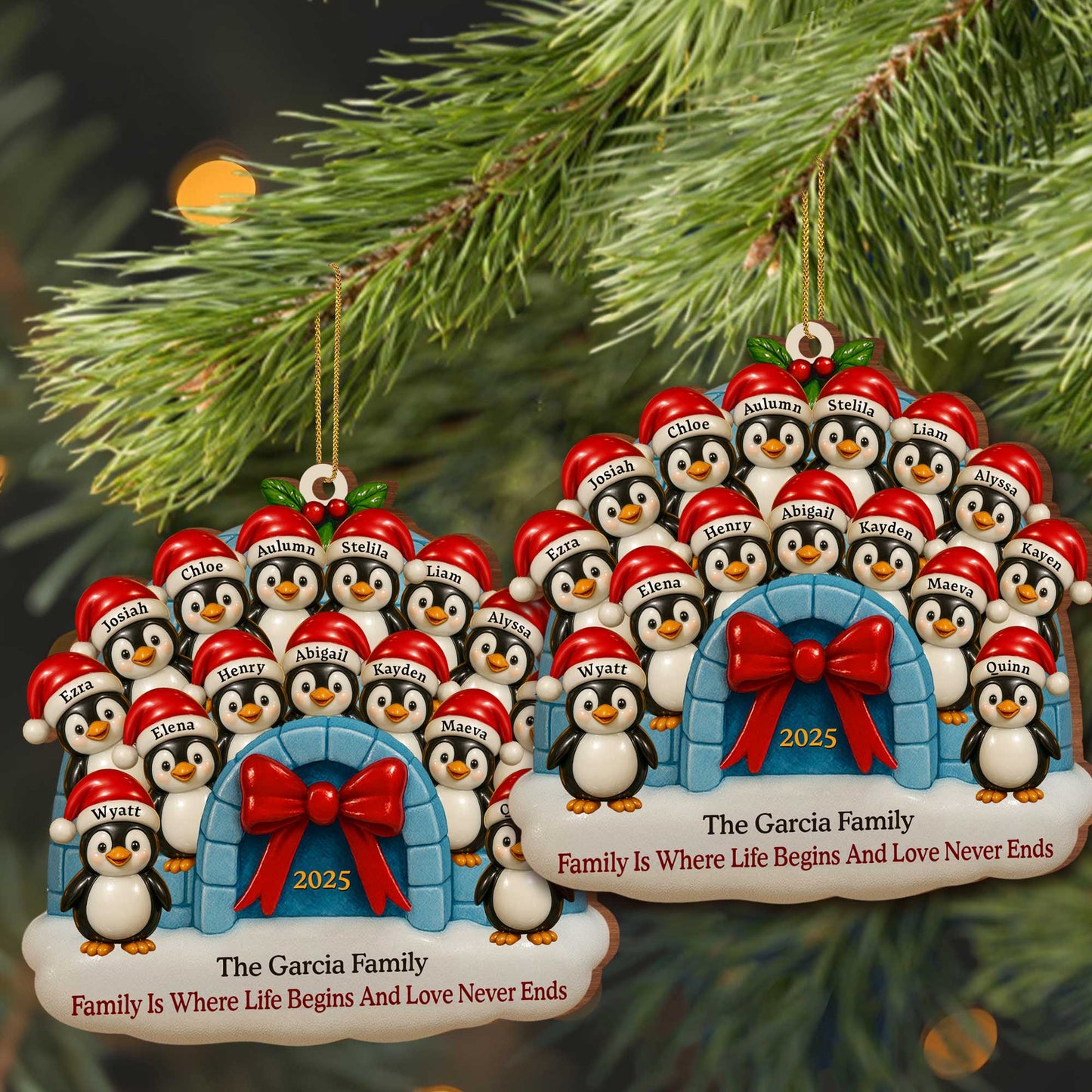 Family Where Life Begins And Love Never Ends Penguin Ornament - Personalized Custom Wood Ornament, Custom Shaped - FAM551_WDO