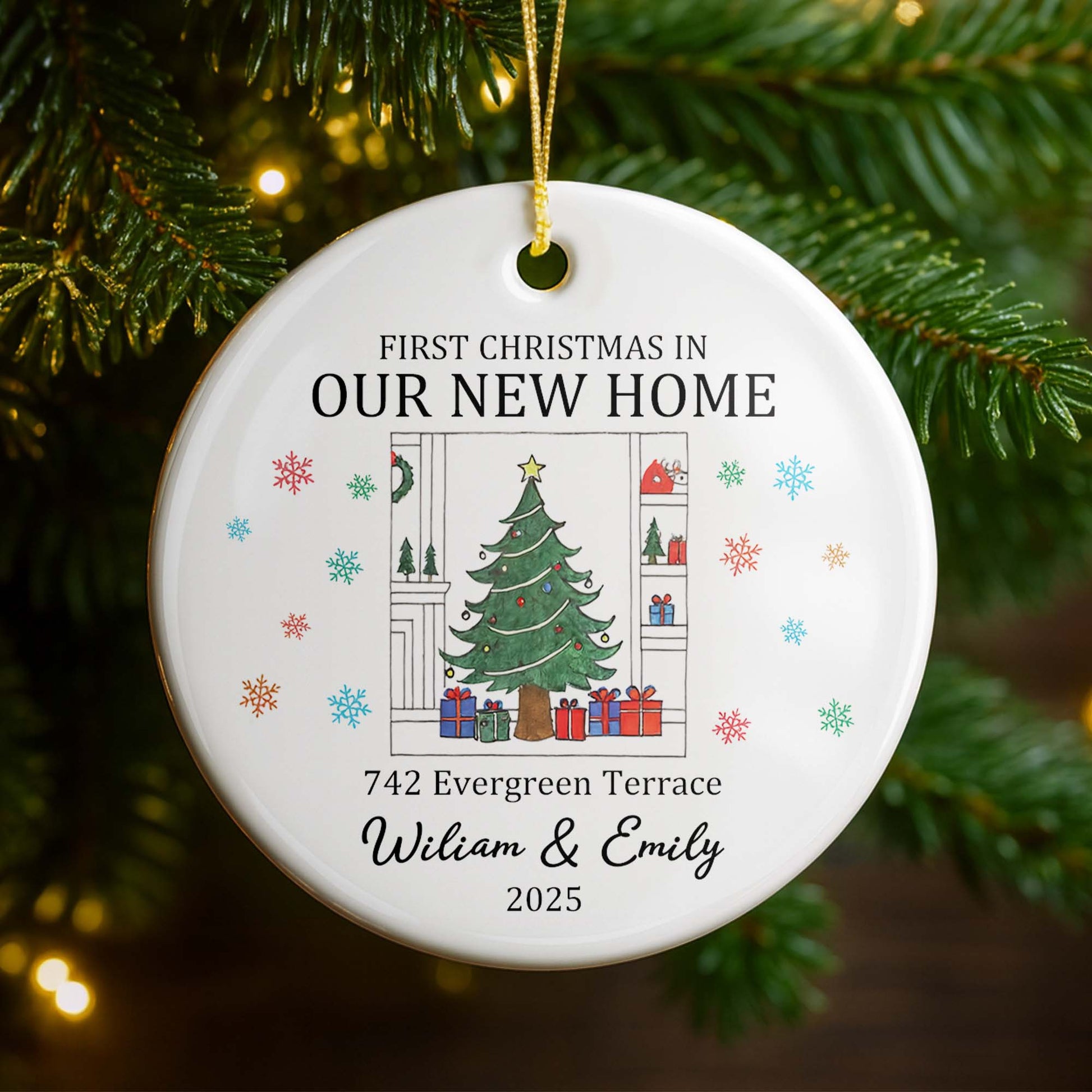 First Christmas In Our New Home With Christmas Tree And Gifts