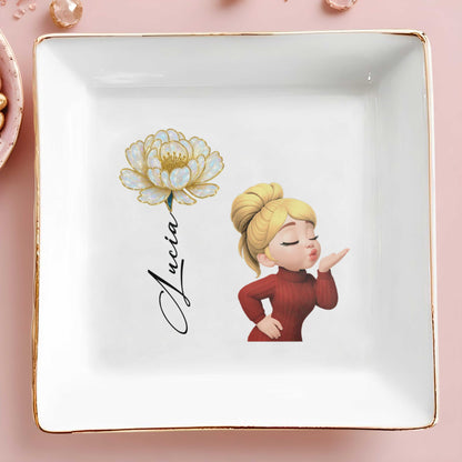 Square Ceramic Dish With Flower And Girl Blowing A Kiss