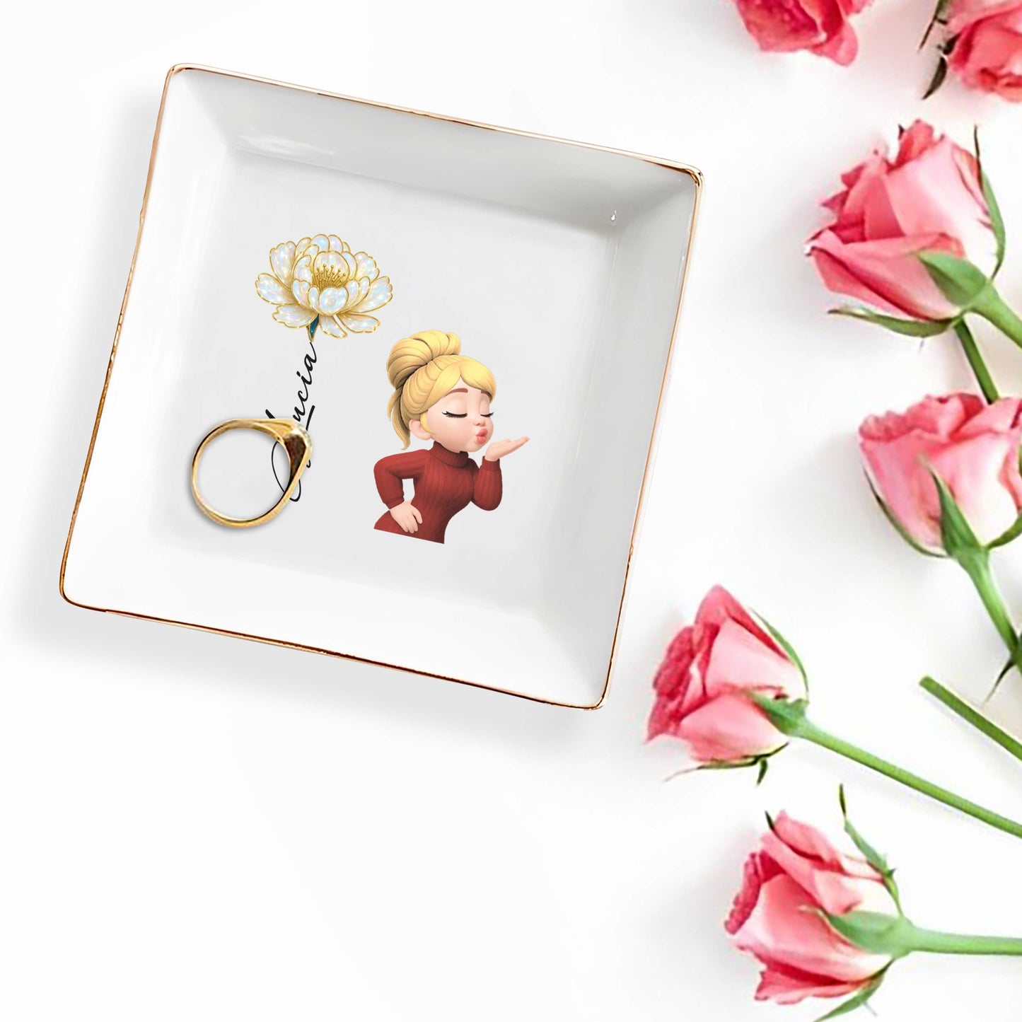 Square Ceramic Dish With Flower And Girl Blowing A Kiss