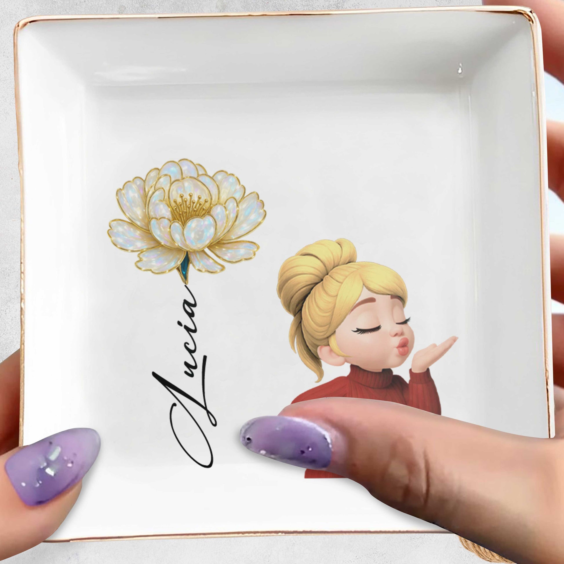 Square Ceramic Dish With Flower And Girl Blowing A Kiss