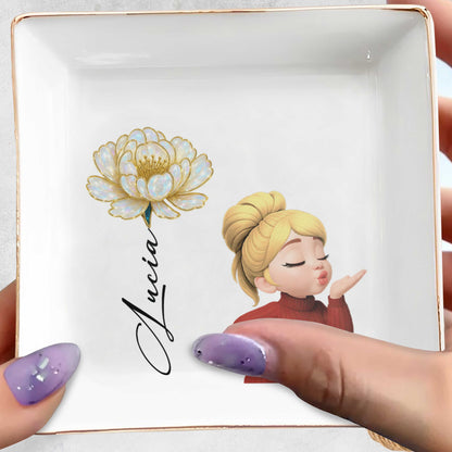 Square Ceramic Dish With Flower And Girl Blowing A Kiss