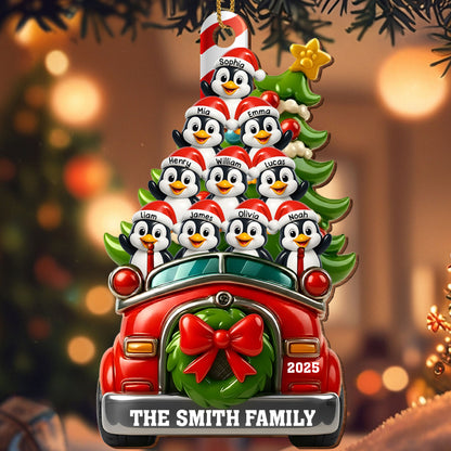 Christmas Joy With Festive Ride And Penguins - Personalized Custom Wood Ornament, Custom Shaped - FAM666_WDO