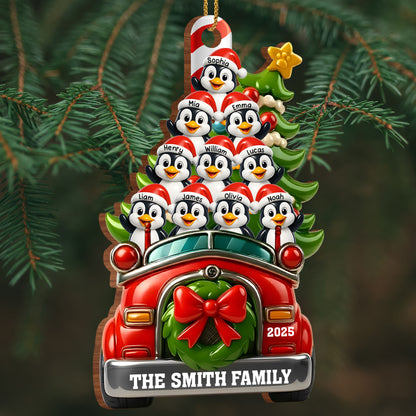 Christmas Joy With Festive Ride And Penguins - Personalized Custom Wood Ornament, Custom Shaped - FAM666_WDO