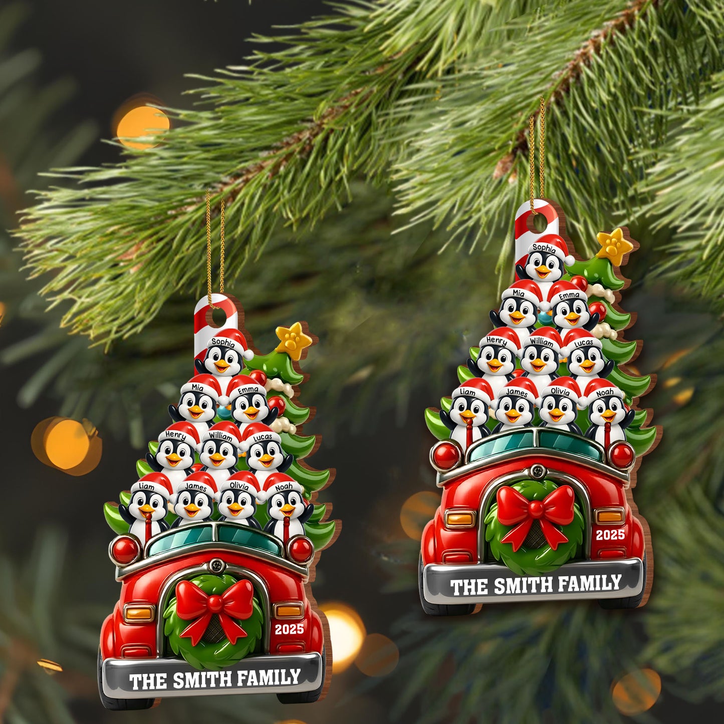 Christmas Joy With Festive Ride And Penguins - Personalized Custom Wood Ornament, Custom Shaped - FAM666_WDO