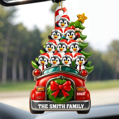 Christmas Joy With Festive Ride And Penguins - Personalized Custom Wood Ornament, Custom Shaped - FAM666_WDO