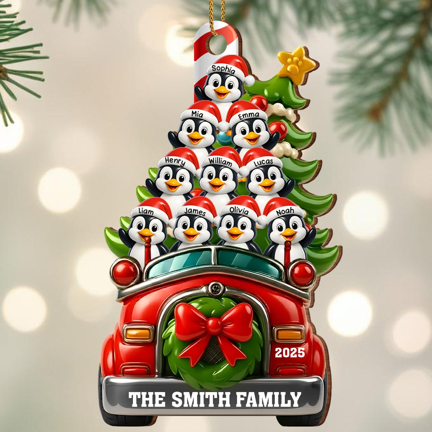 Christmas Joy With Festive Ride And Penguins - Personalized Custom Wood Ornament, Custom Shaped - FAM666_WDO