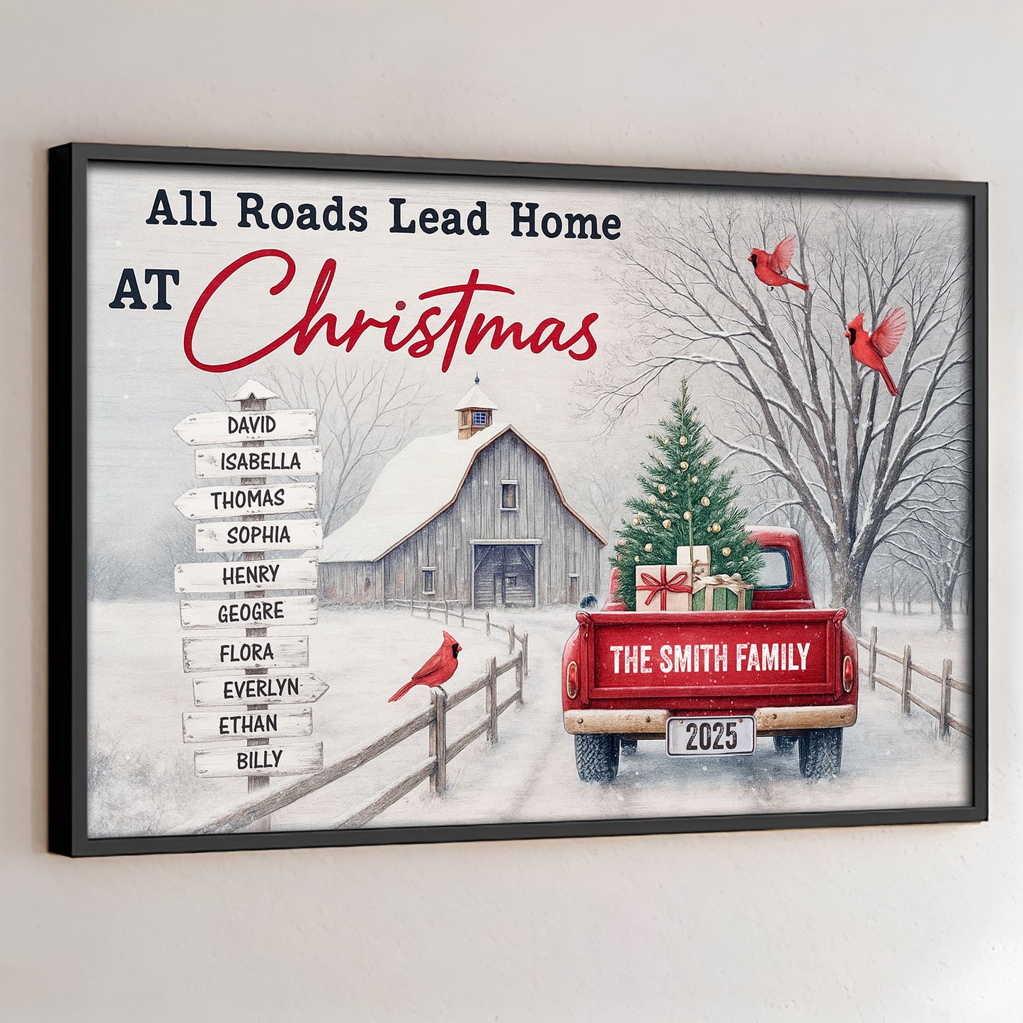All Roads Lead Home At Christmas With Red Truck and Cardinal Birds