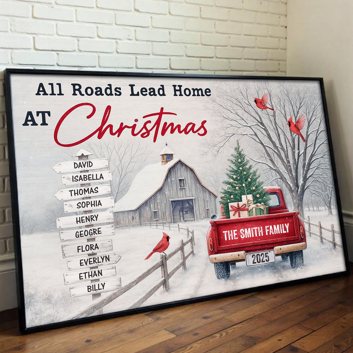 All Roads Lead Home At Christmas With Red Truck and Cardinal Birds