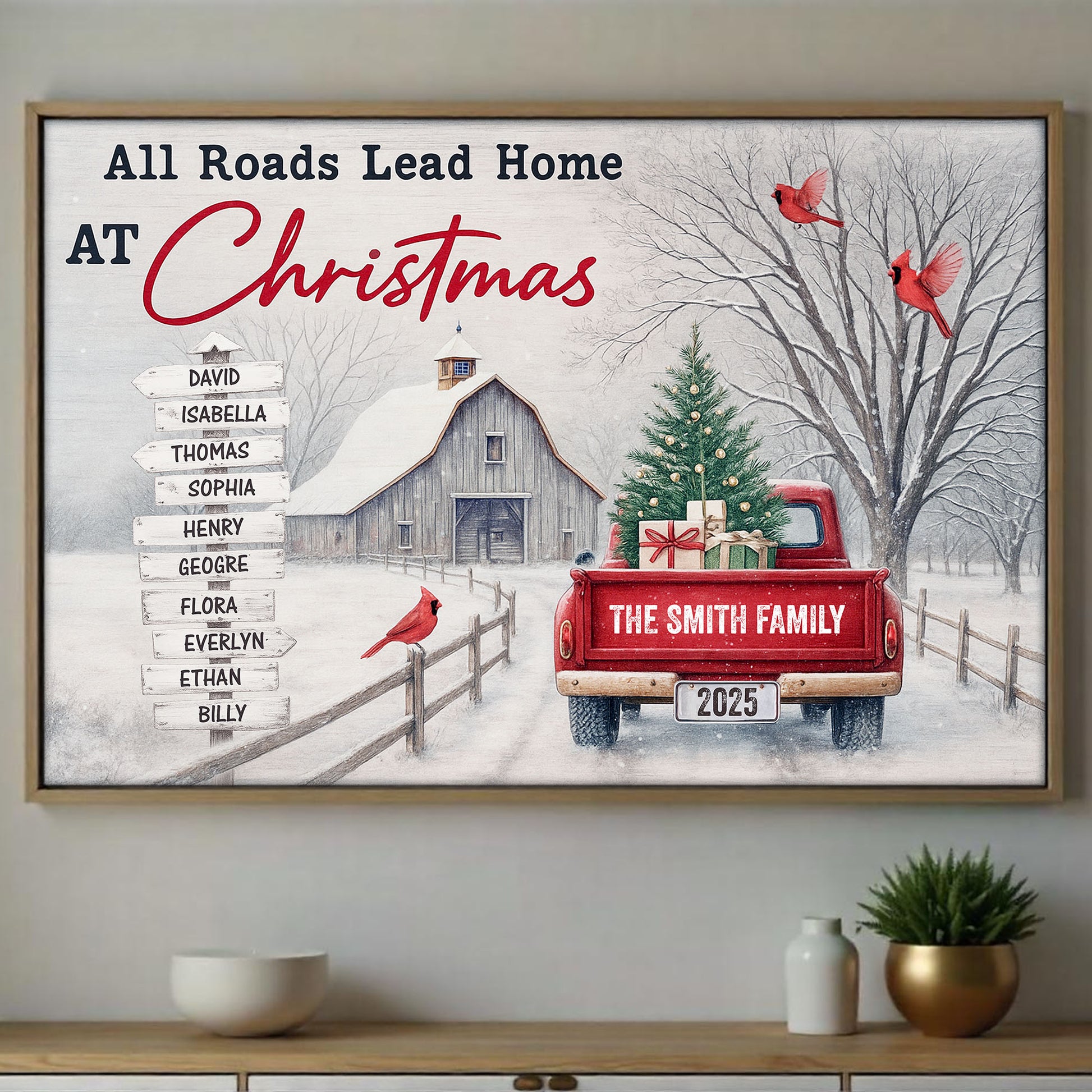 All Roads Lead Home At Christmas With Red Truck and Cardinal Birds