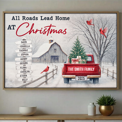 All Roads Lead Home At Christmas With Red Truck and Cardinal Birds