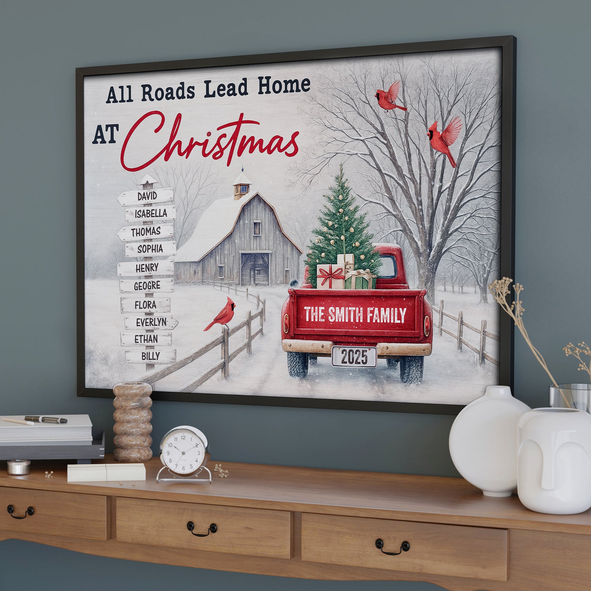 All Roads Lead Home At Christmas With Red Truck and Cardinal Birds