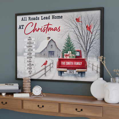 All Roads Lead Home At Christmas With Red Truck and Cardinal Birds