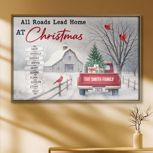 All Roads Lead Home At Christmas With Red Truck and Cardinal Birds