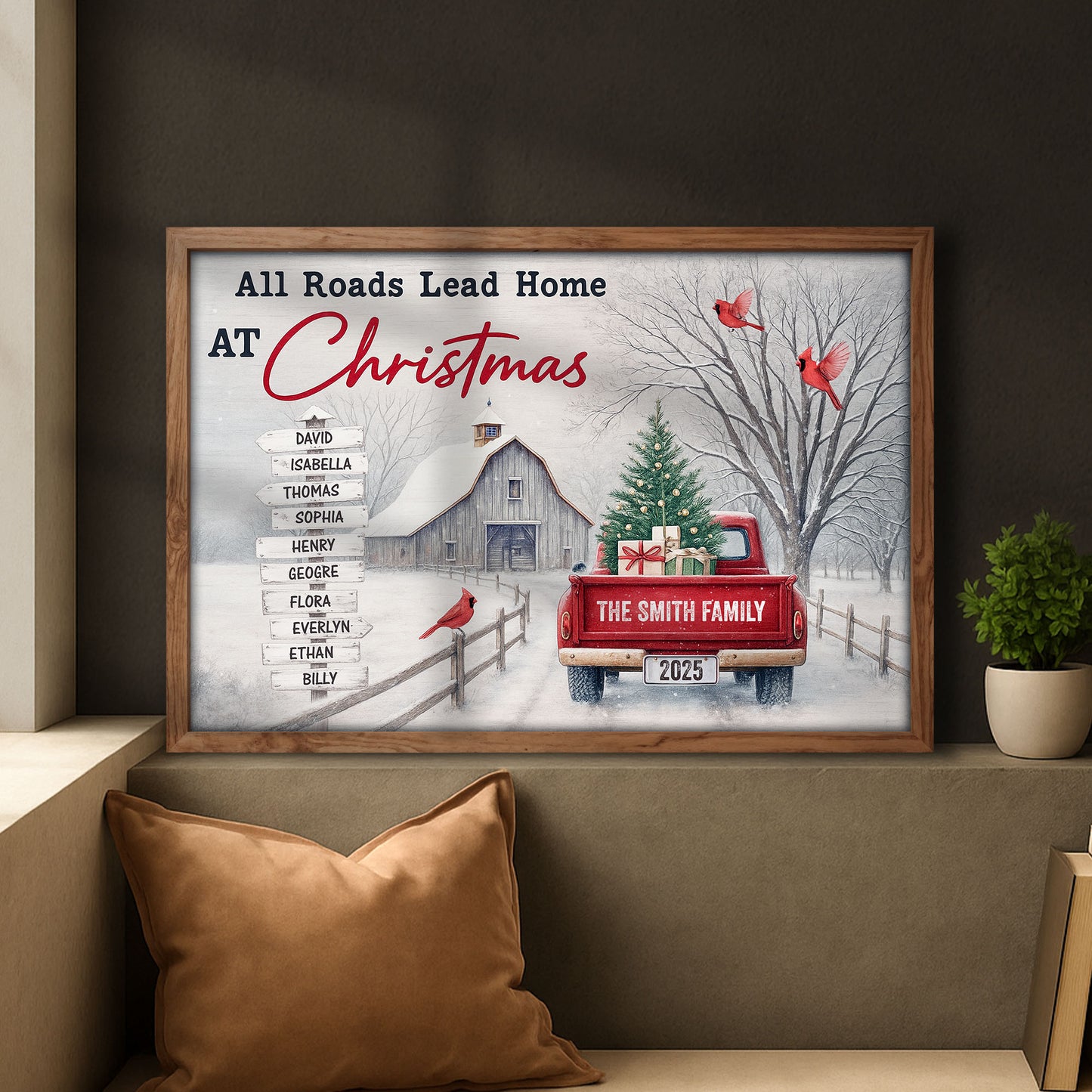 All Roads Lead Home At Christmas With Red Truck and Cardinal Birds
