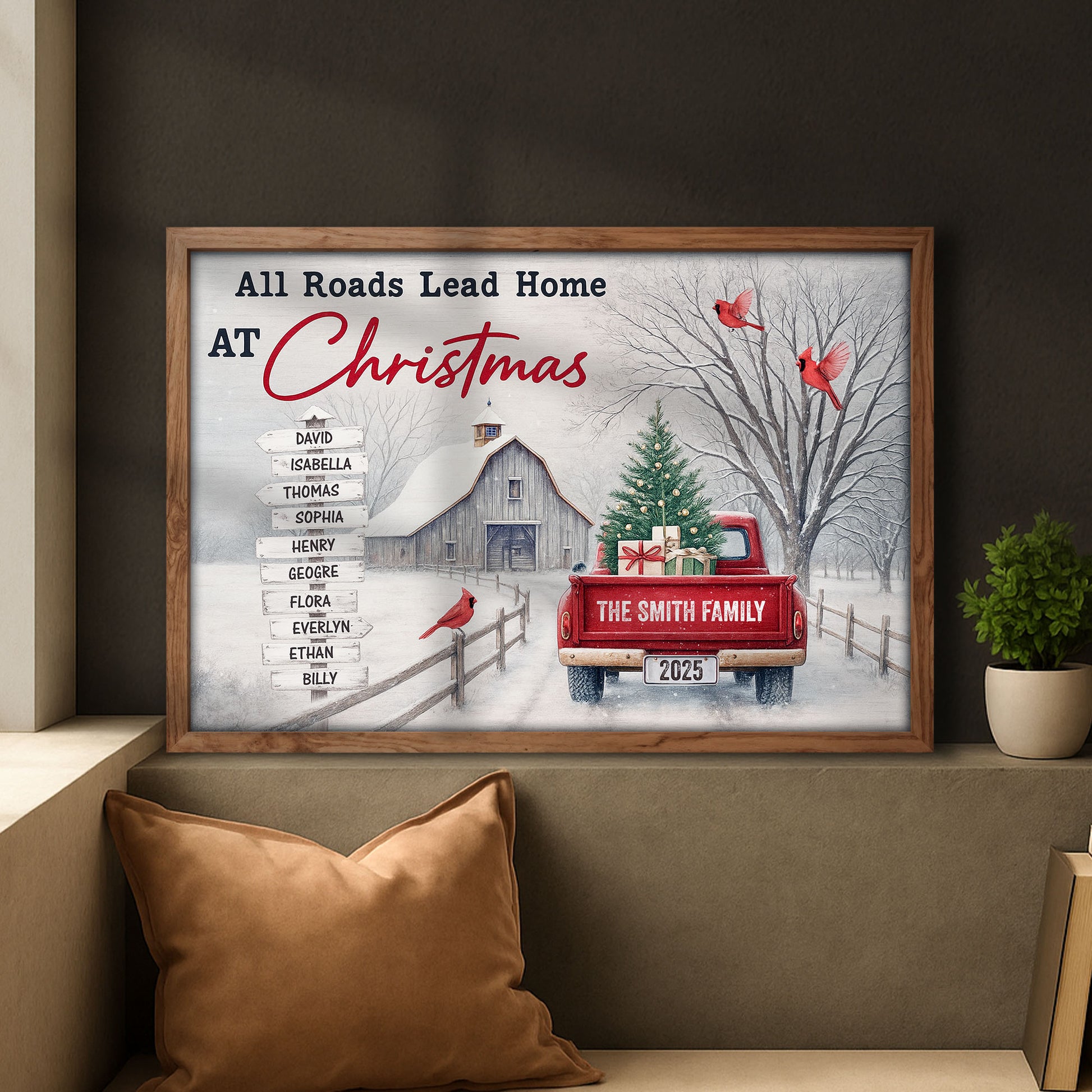 All Roads Lead Home At Christmas With Red Truck and Cardinal Birds
