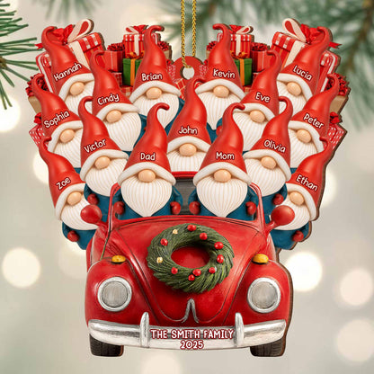 Family Christmas Ornaments With Santa Hats And Red Car