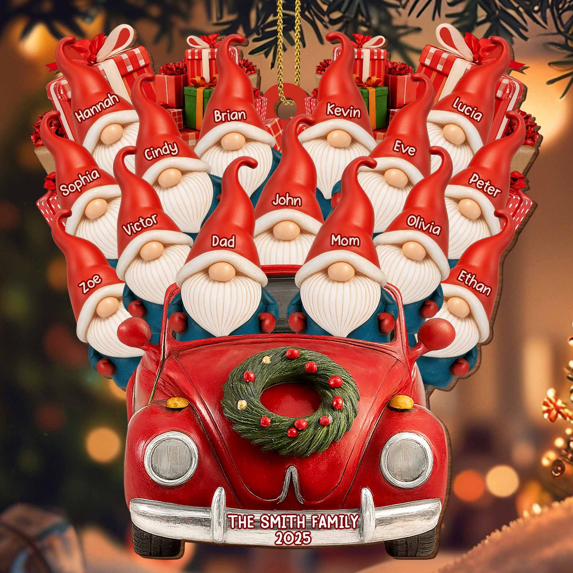 Family Christmas Ornaments With Santa Hats And Red Car