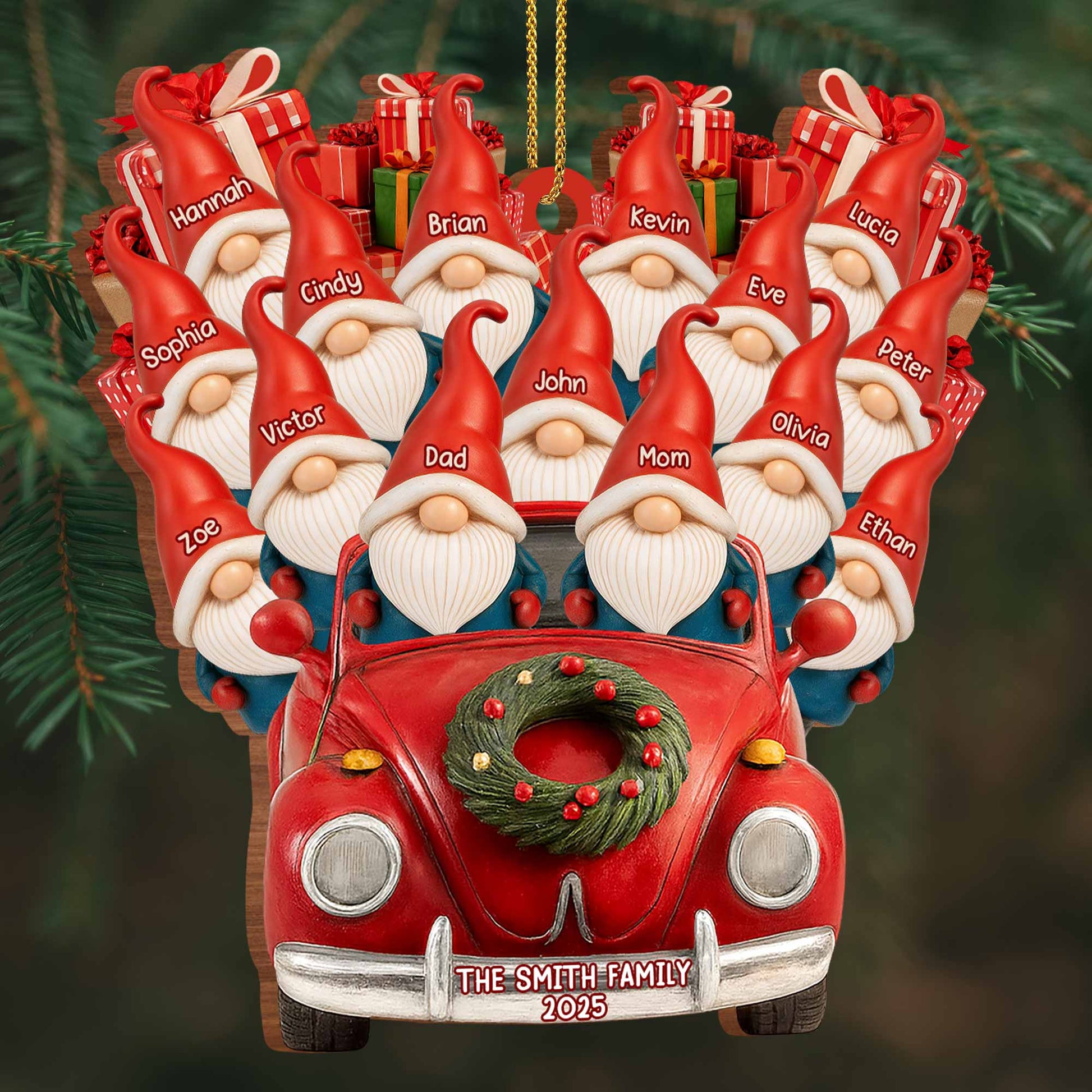 Family Christmas Ornaments With Santa Hats And Red Car