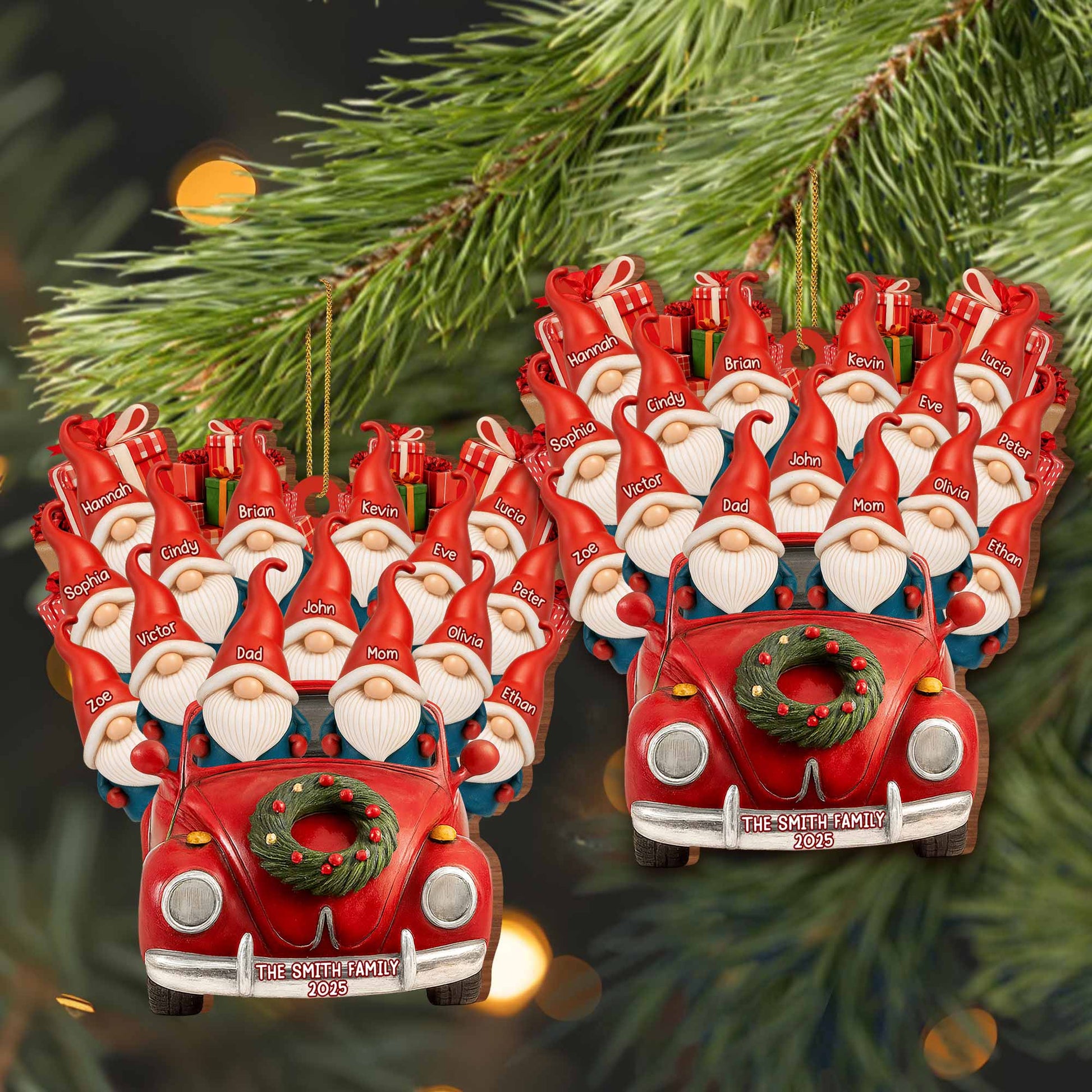 Family Christmas Ornaments With Santa Hats And Red Car
