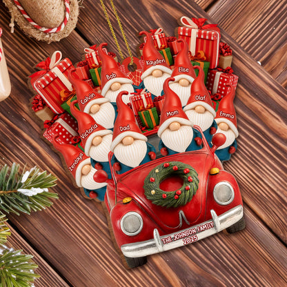 Family Christmas Ornaments With Santa Hats And Red Car