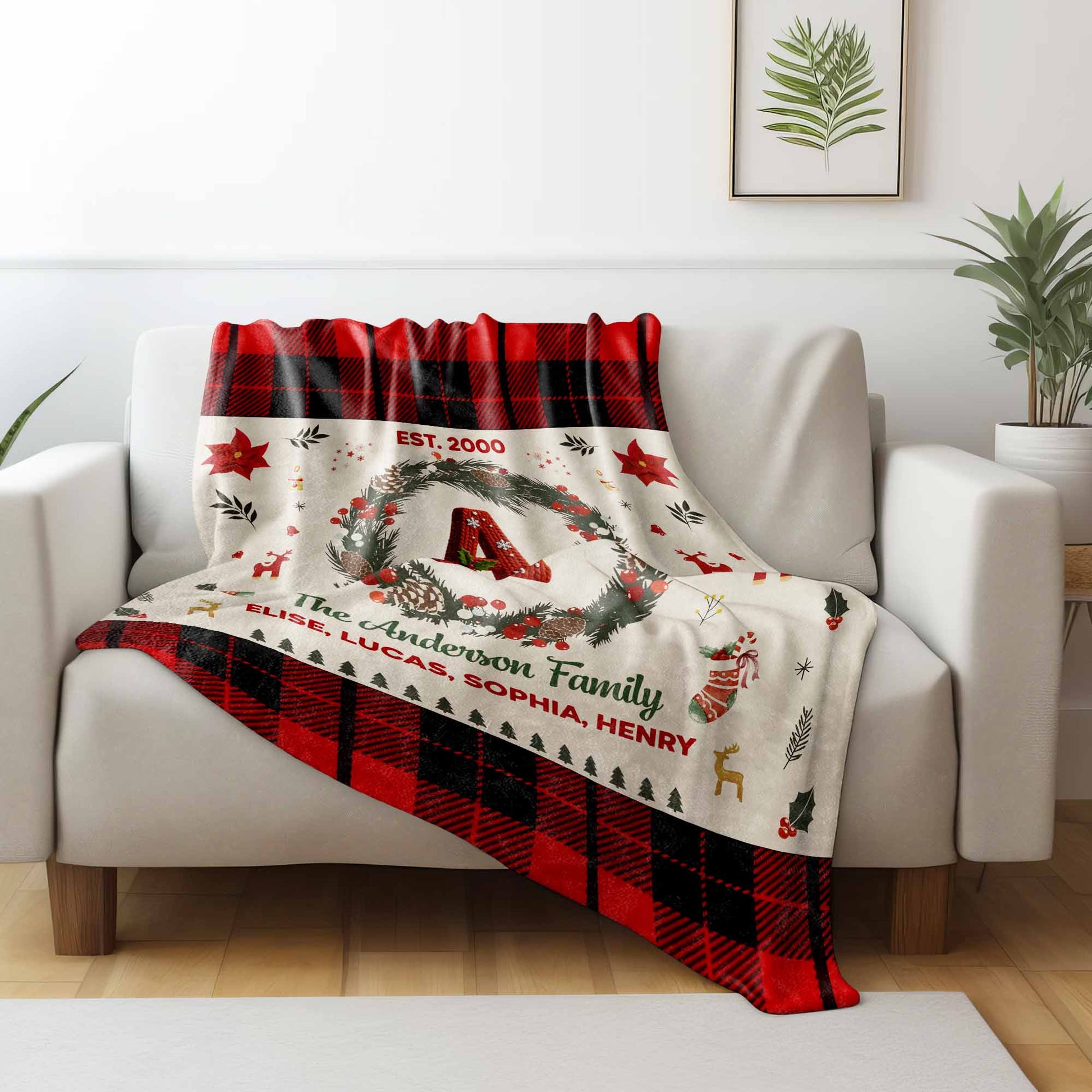 Celebrate Warmth And Love With Festive Christmas Wreath And Plaid Design