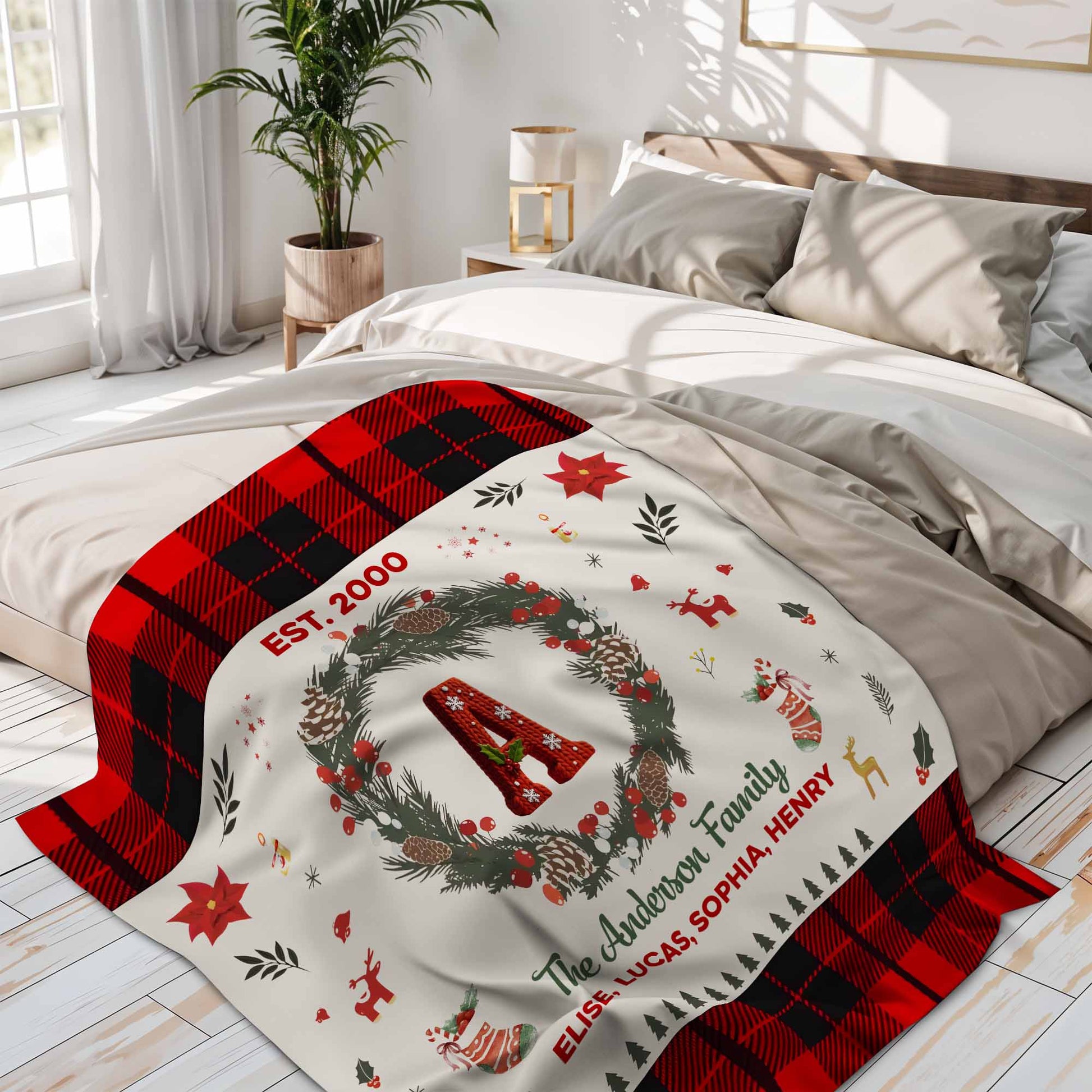 Celebrate Warmth And Love With Festive Christmas Wreath And Plaid Design