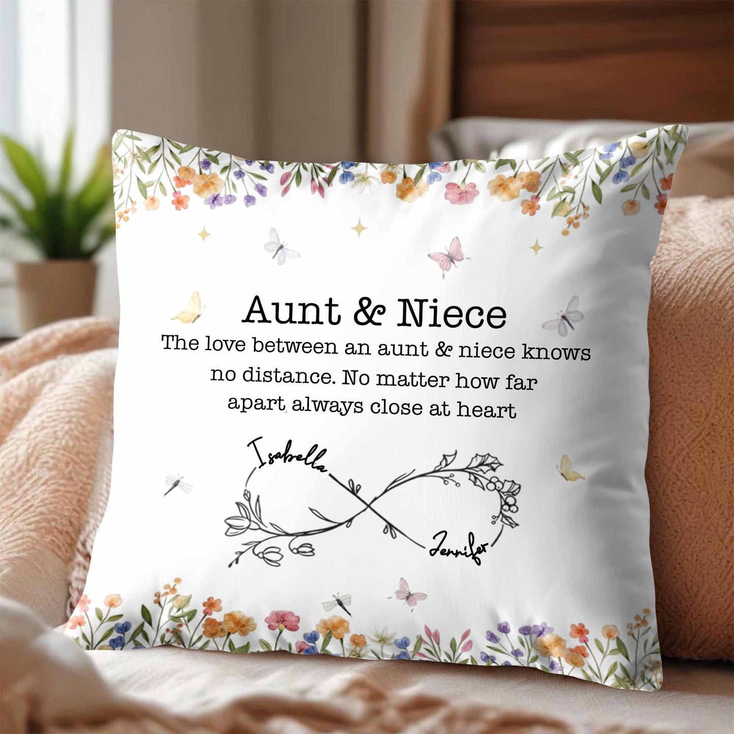 Love Between Aunt & Niece, Flowers and Butterflies Pillow