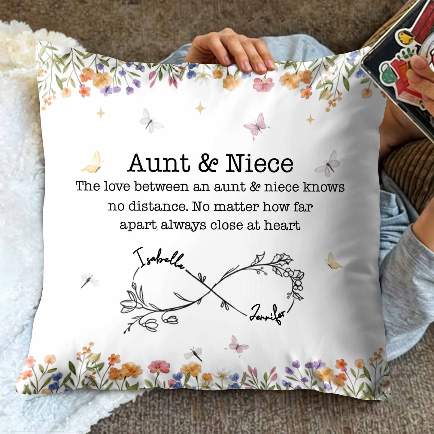 Love Between Aunt & Niece, Flowers and Butterflies Pillow
