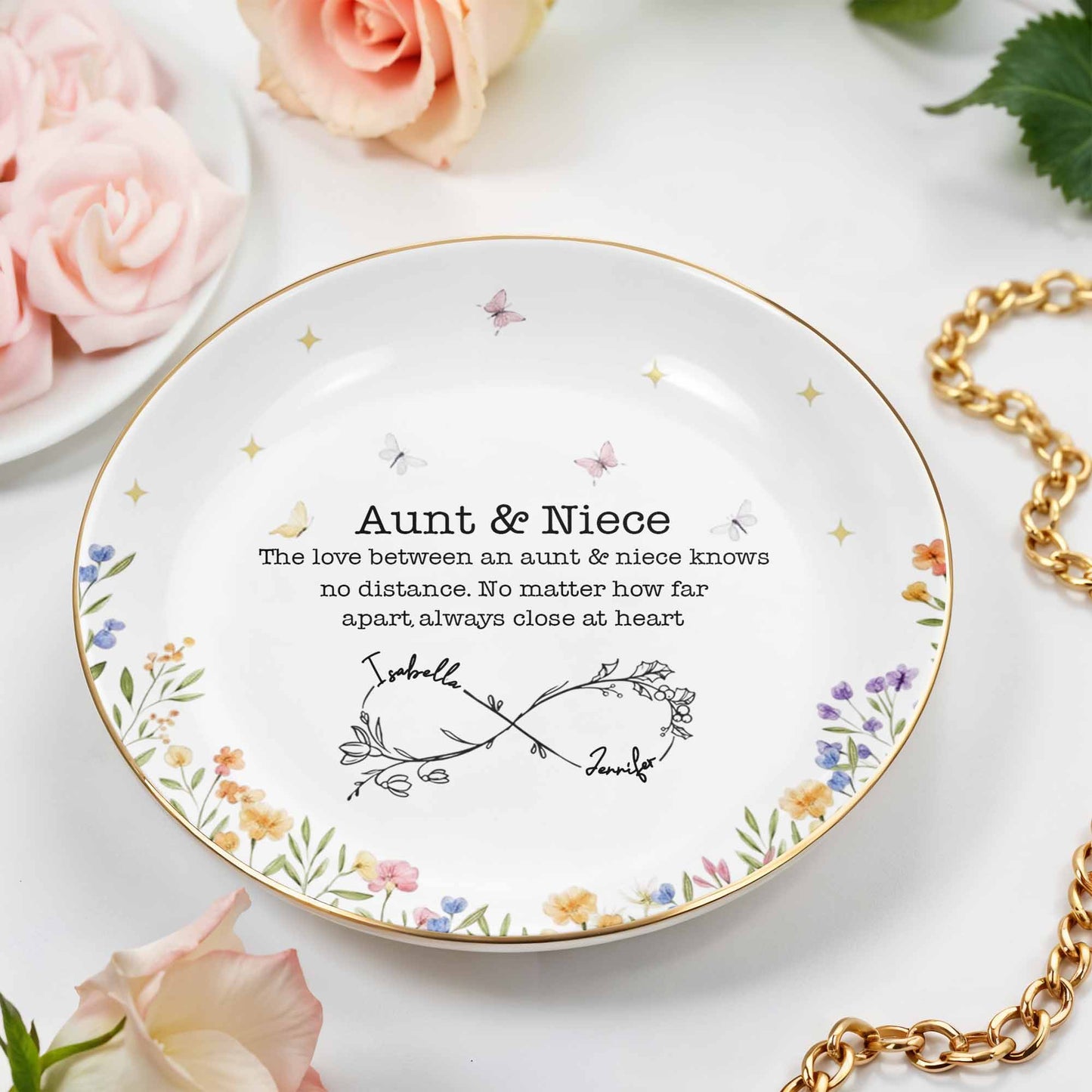 Love Between Aunt & Niece, Floral And Butterfly Design